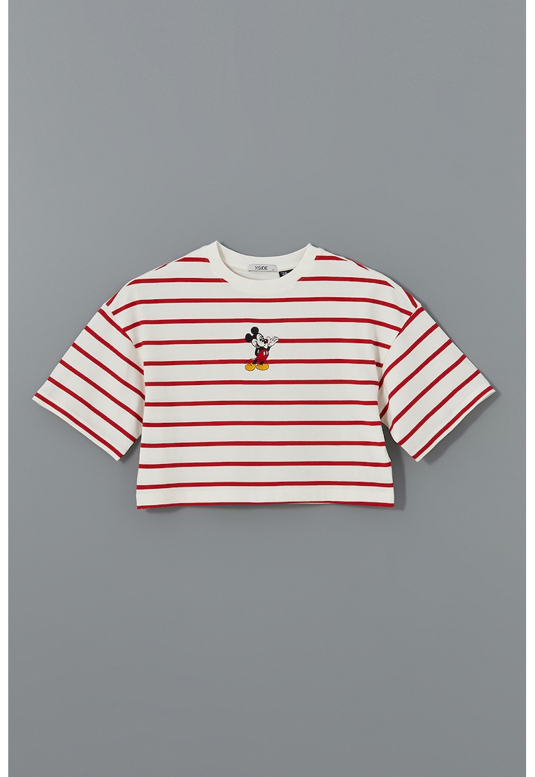 Tricou lejer crop Mickey Mouse - Rosu/Alb optic