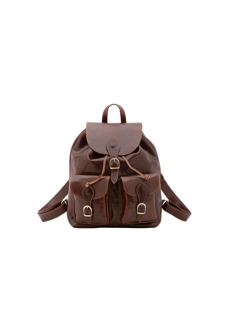 Rucsac de piele cu buzunare cu clapa - Maro