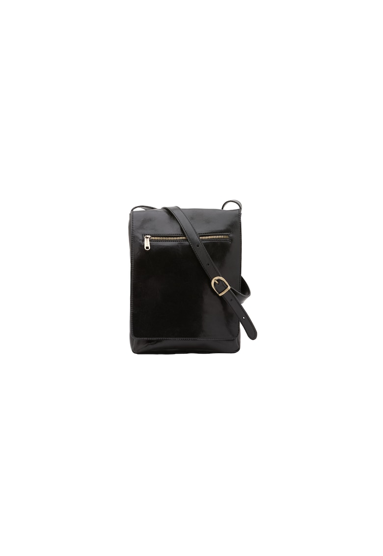 Geanta crossbody de piele cu clapa - Negru
