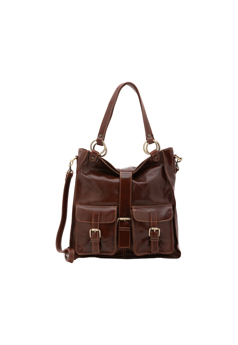 Geanta shopper de piele cu catarame - Maro