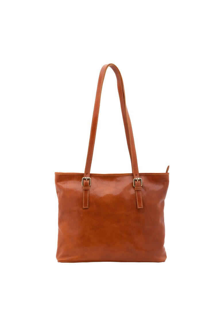Geanta shopper de piele cu bretele ajustabile - Maro cognac