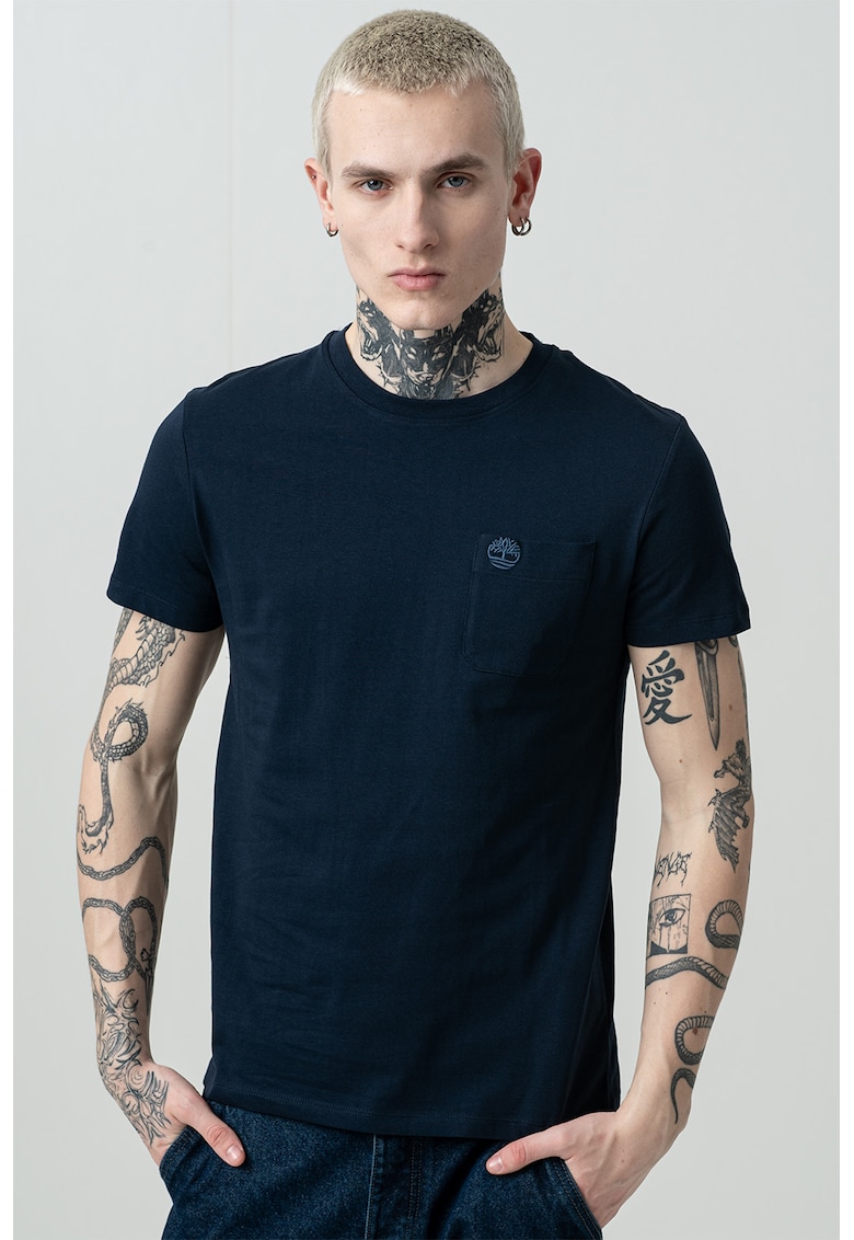 Tricou din bumbac cu buzunar aplicat pe piept Dun-Riv - Albastru prafuit/Bleumarin