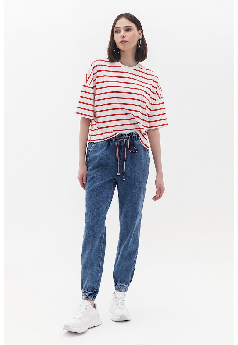 Pantaloni de trening cu aspect de denim si talie inalta