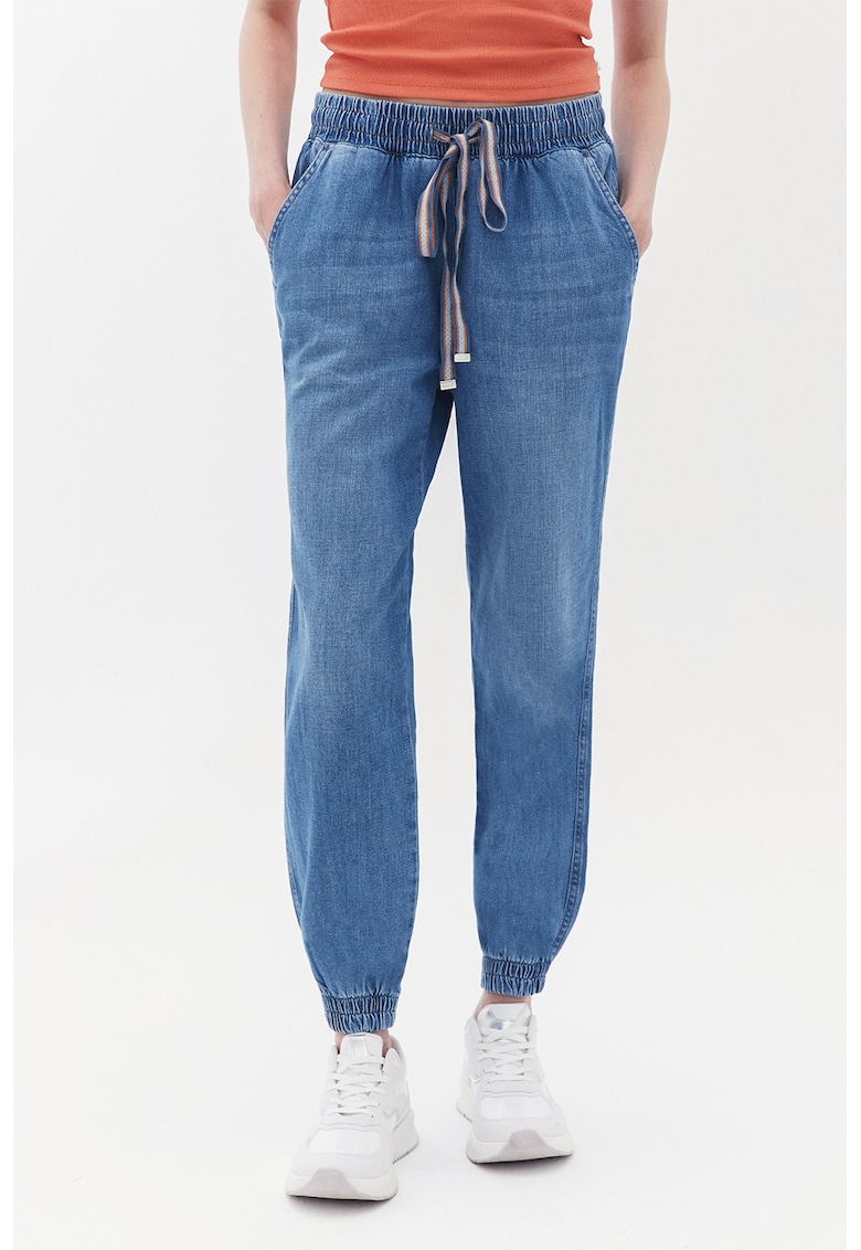 Pantaloni de trening cu aspect de denim si talie inalta