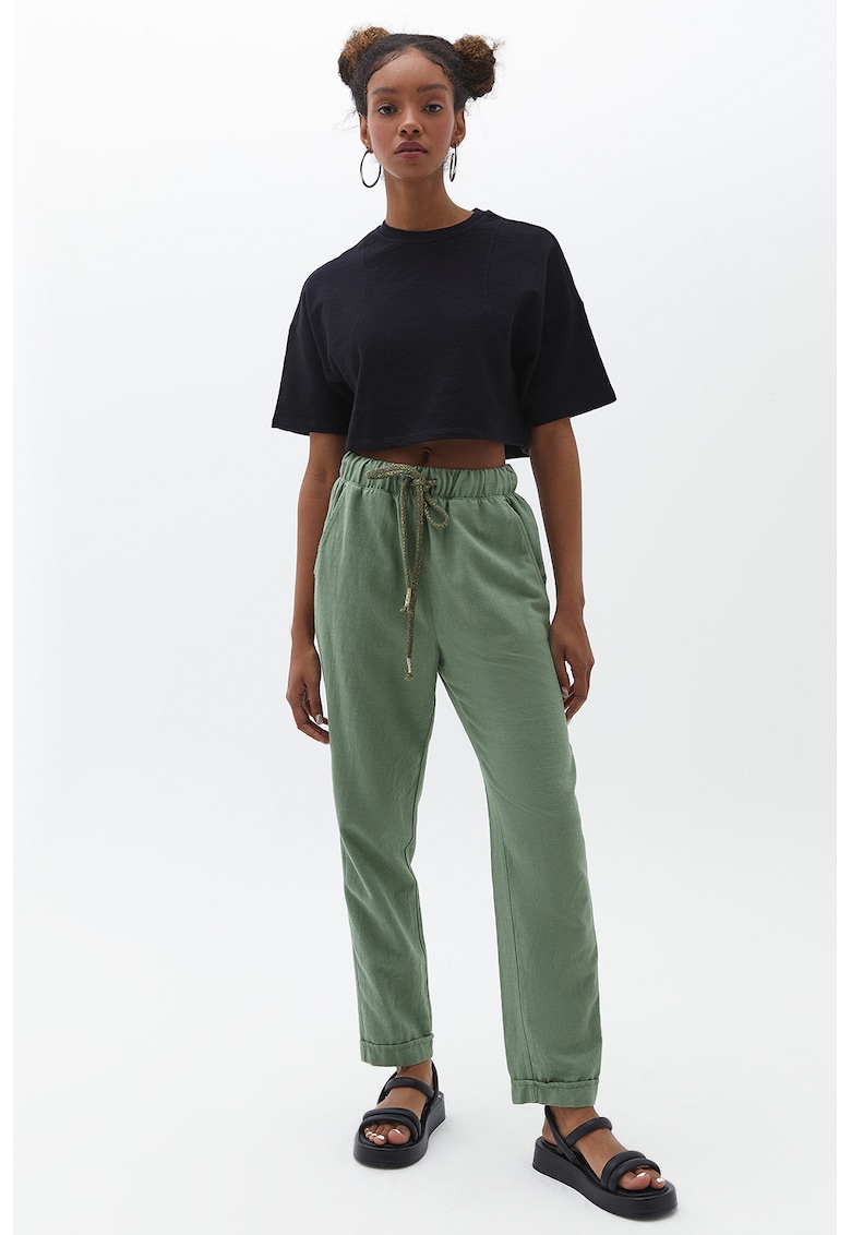 Pantaloni crop cu talie ajustabila - Verde sparanghel