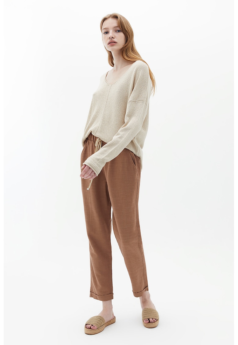 Pantaloni drepti crop cu snur de ajustare