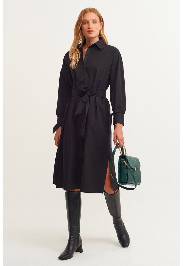 Camasa midi cu cordon in talie - Negru