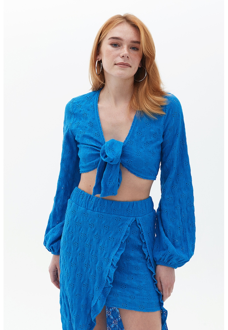 Bluza crop cu decolteu in V - Albastru