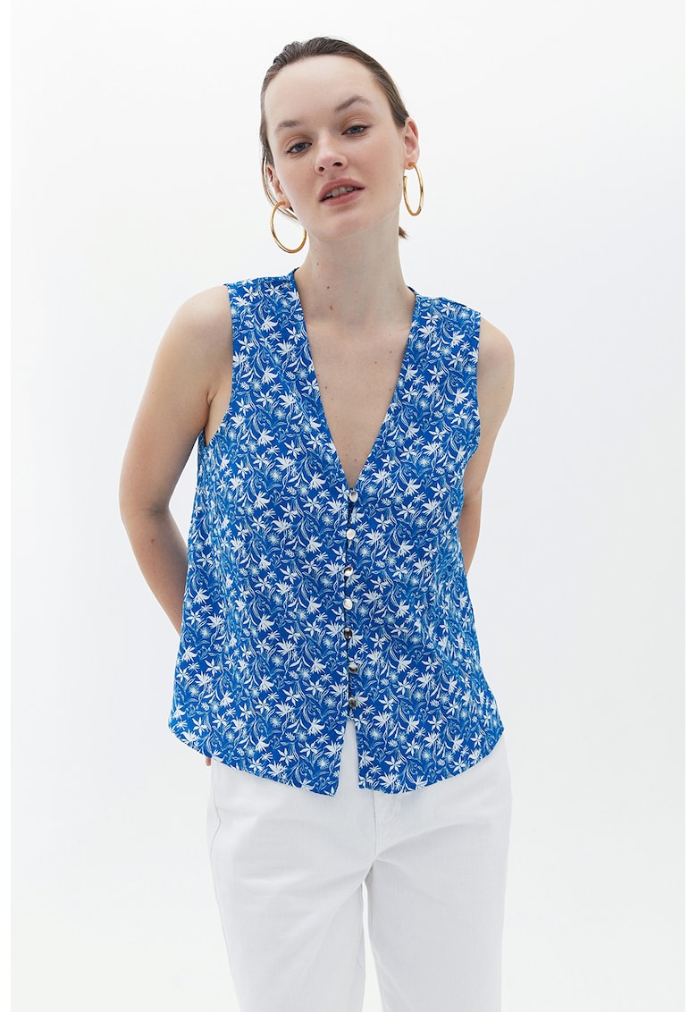Bluza cu decolteu in V - Alb/Albastru