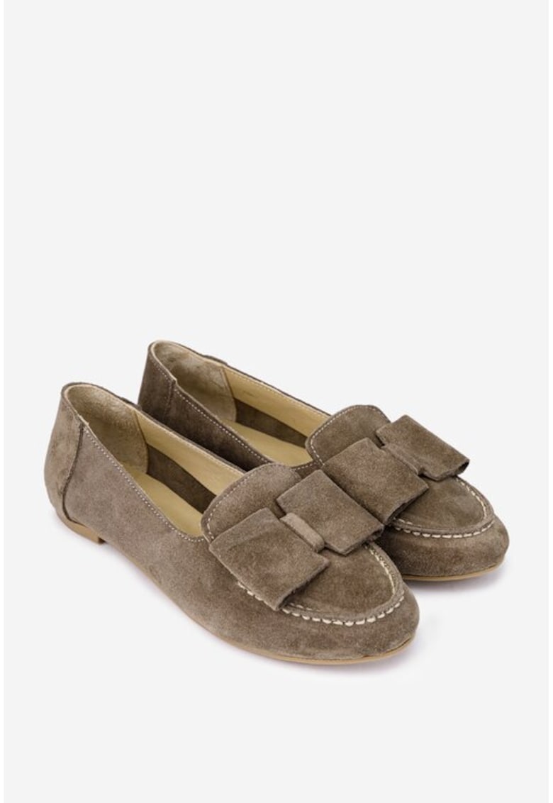 Mocasini dama taupe din piele intoarsa cu funda Mocasini dama taupe din piele intoarsa cu funda