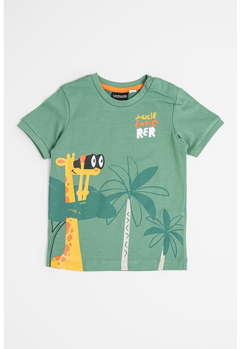 Tricou cu decolteu la baza gatului si imprimeu - Portocaliu mandarina/Verde feriga