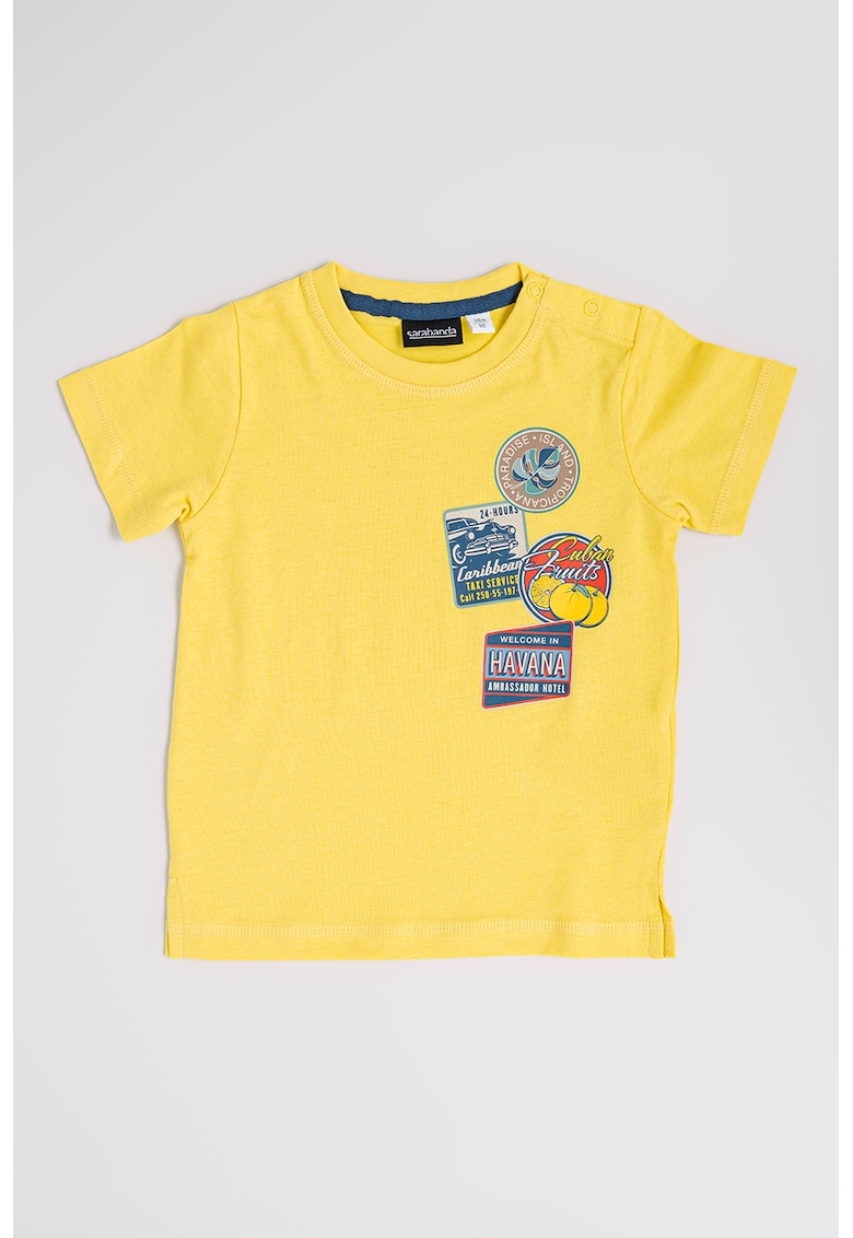 Tricou cu decolteu la baza gatului si imprimeu - Galben