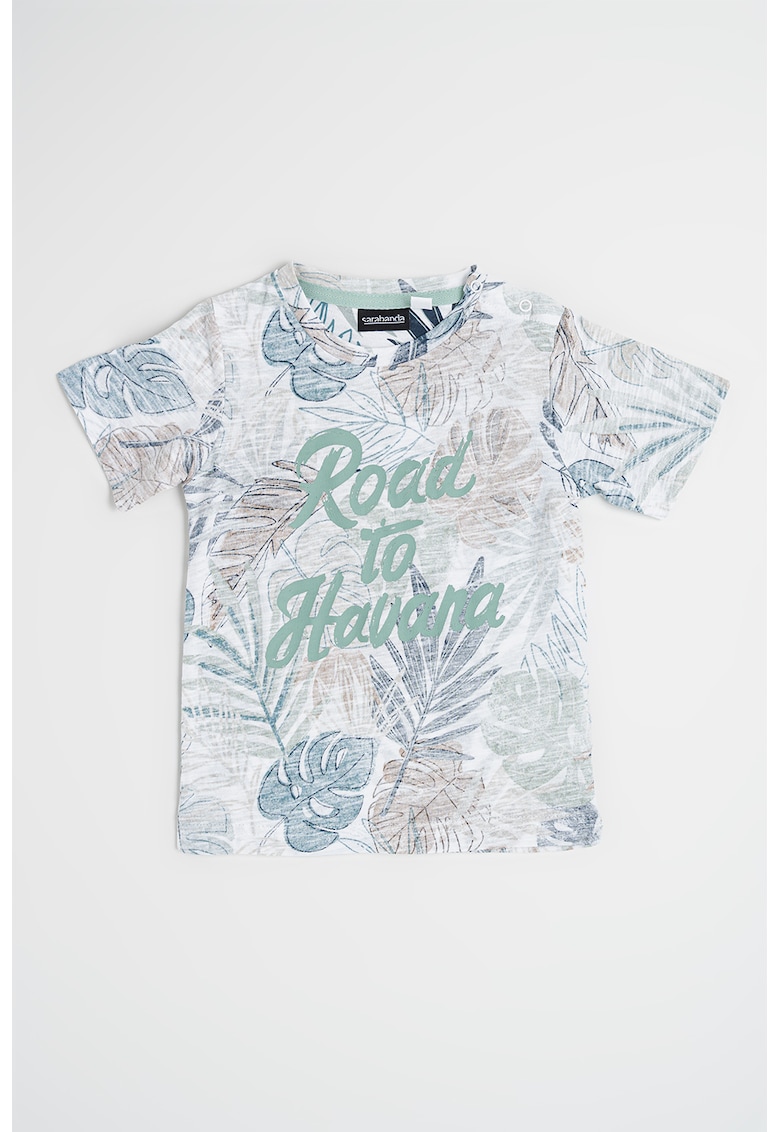 Tricou din bumbac cu model tropical si text