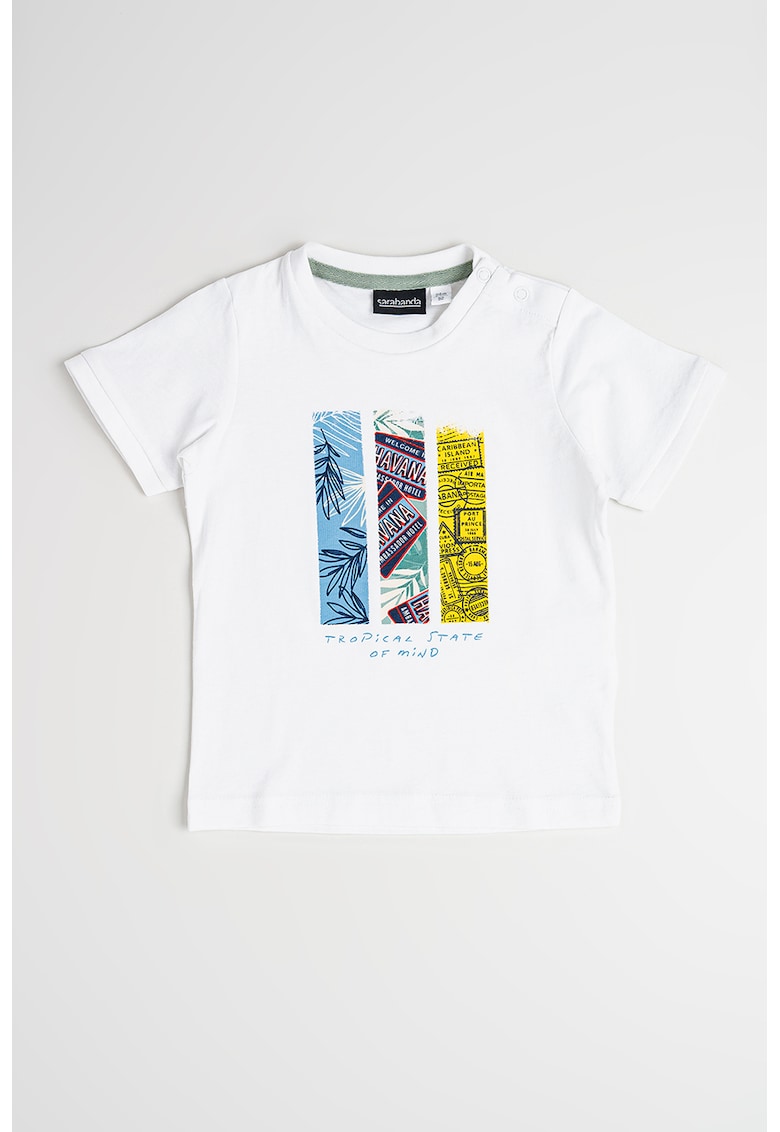 Tricou cu decolteu la baza gatului si imprimeu grafic - Alb/Galben