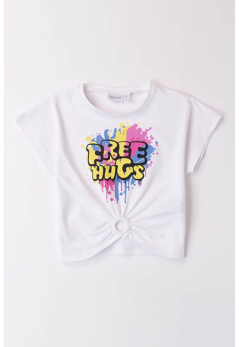 Tricou crop cu decupaj si imprimeu