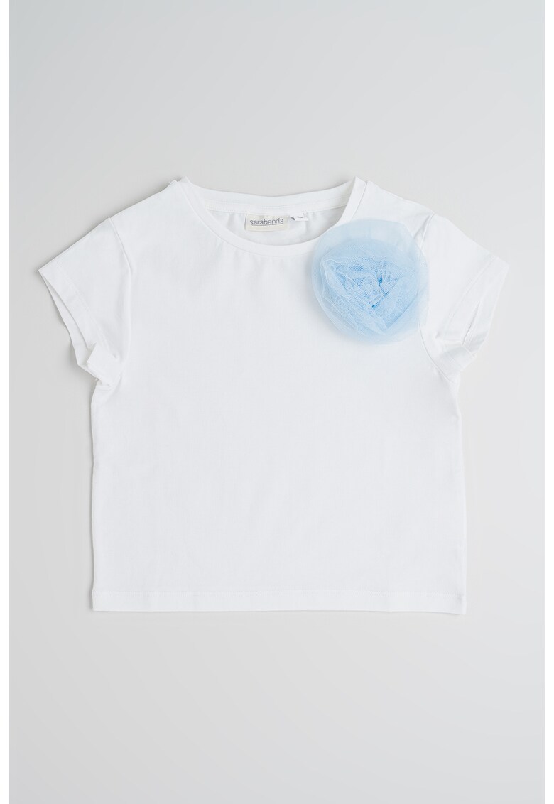 Tricou cu decolteu la baza gatului si detaliu din tul pe piept - Alb/Albastru deschis