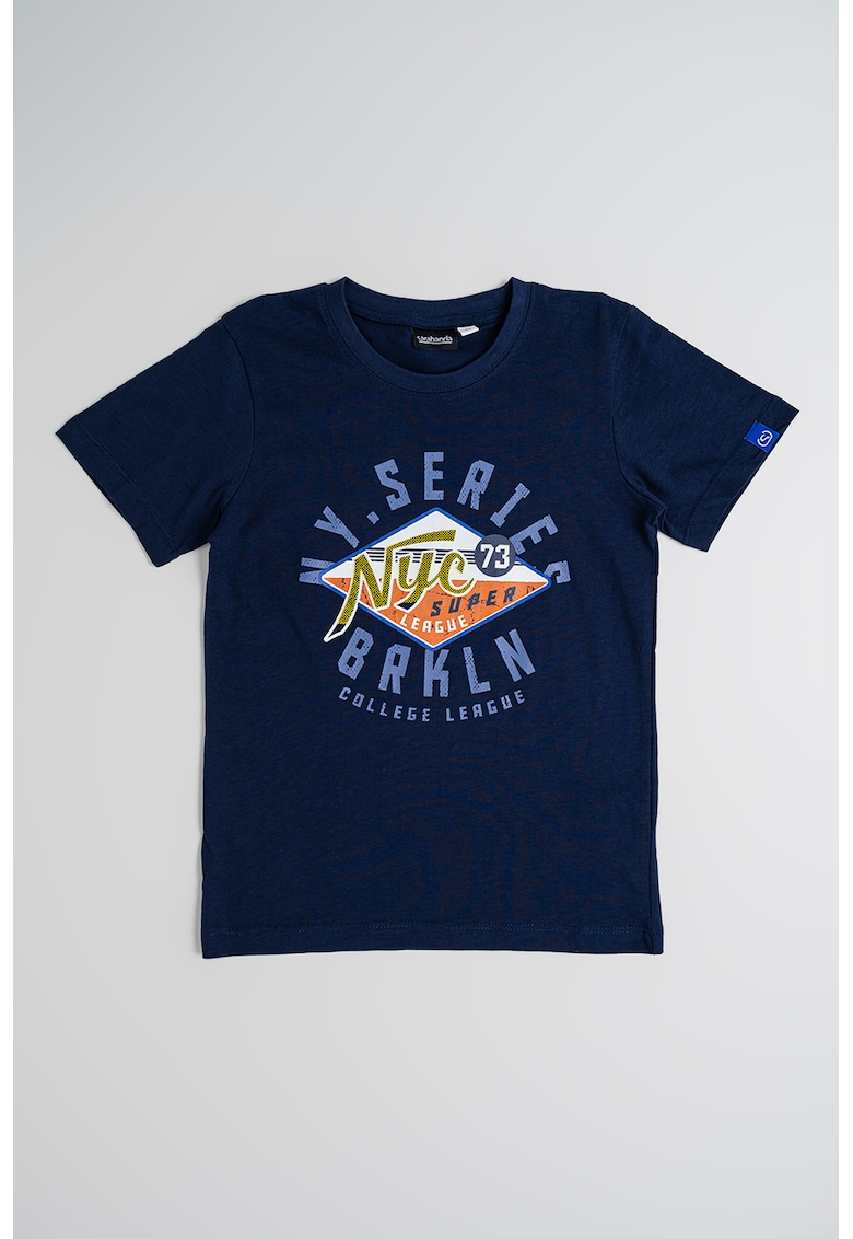 Tricou cu decolteu la baza gatului si imprimeu - Galben/Bleumarin