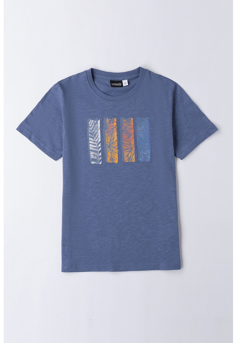 Tricou cu imprimeu grafic si decolteu la baza gatului - Albastru inchis/Portocaliu pal/Alb murdar