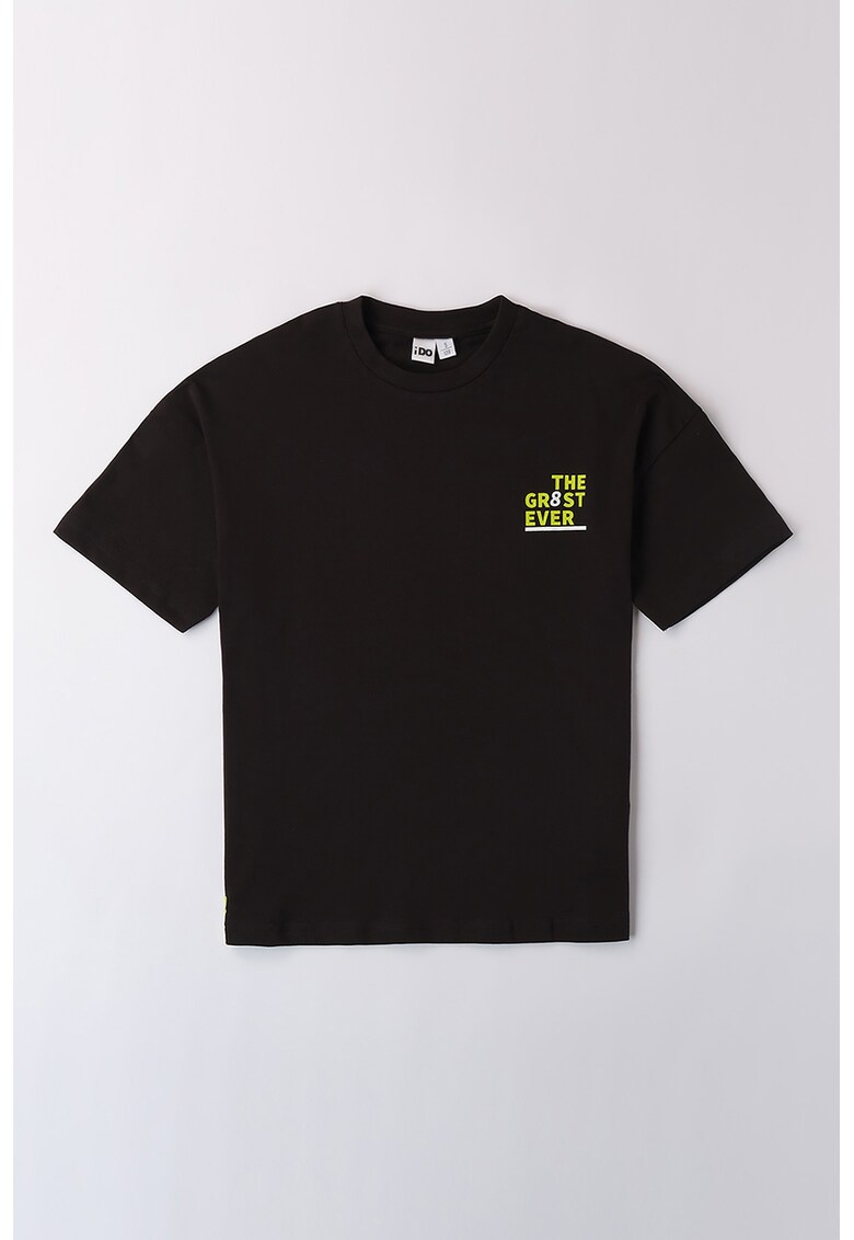 Tricou cu decolteu la baza gatului si imprimeu - Negru/Gri deschis/Verde lime