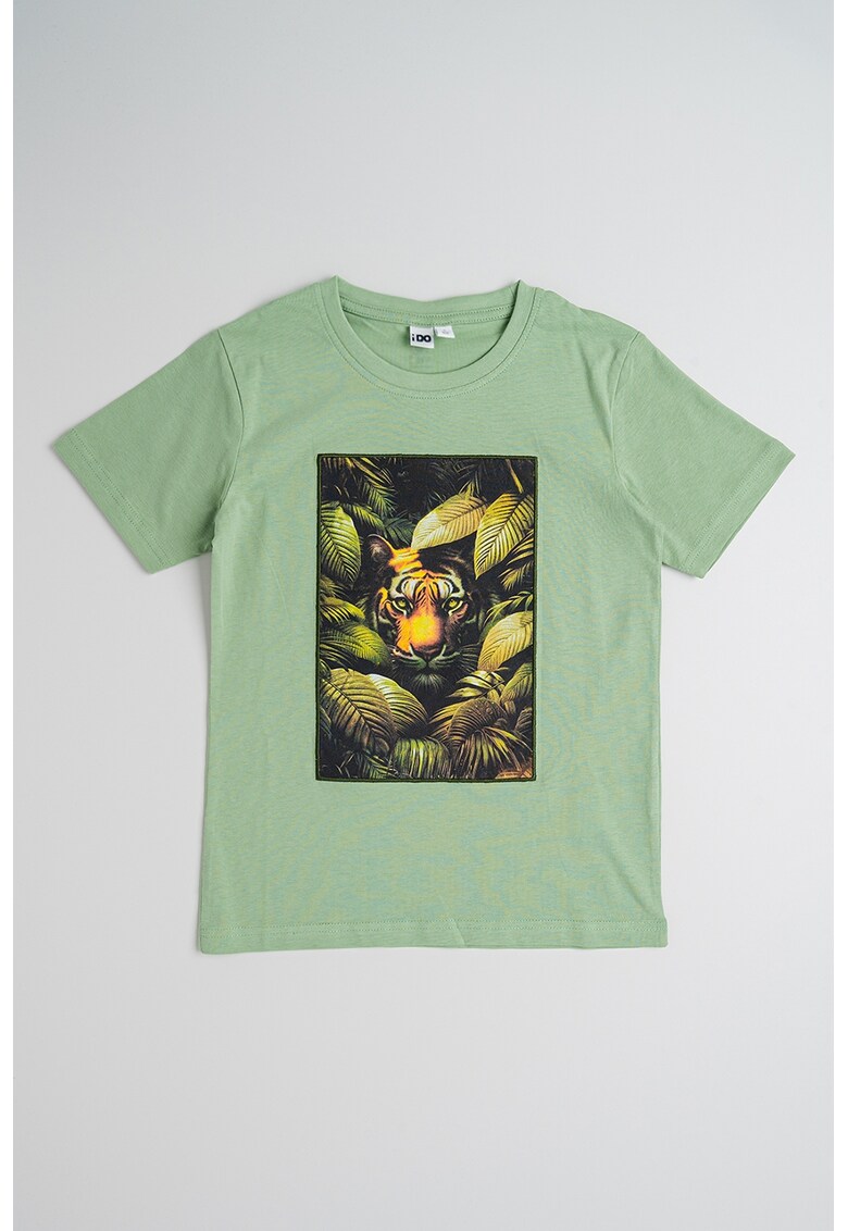 Tricou din bumbac cu decolteu la baza gatului si imprimeu grafic - Portocaliu/Verde deschis