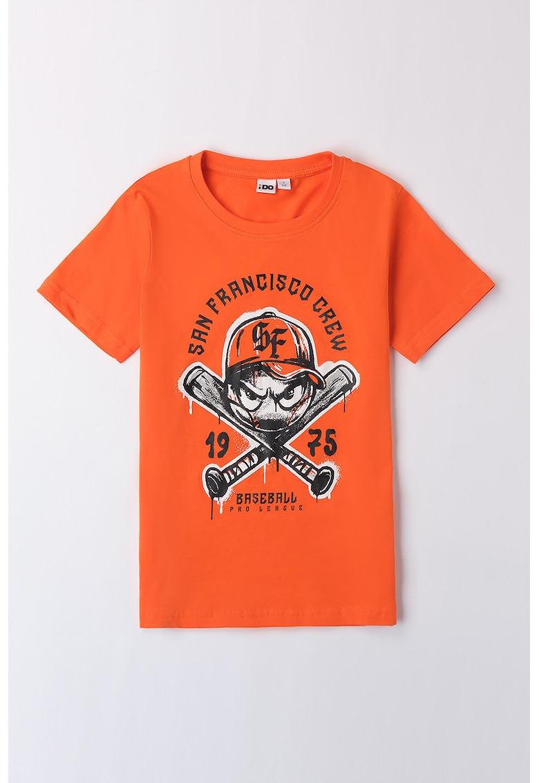 Tricou cu decolteu la baza gatului si imprimeu grafic - Negru stins/Portocaliu mandarina