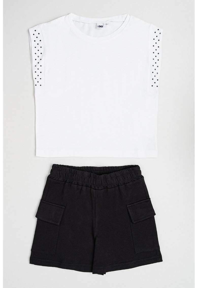 Set de top crop cu strasuri si pantaloni scurti