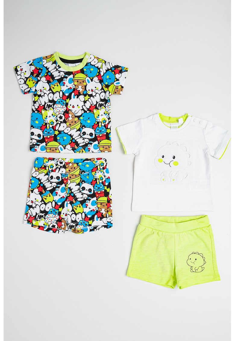 Set de tricou si pantaloni din bumbac - 4 piese - Albastru pastel/Alb optic/Verde lime