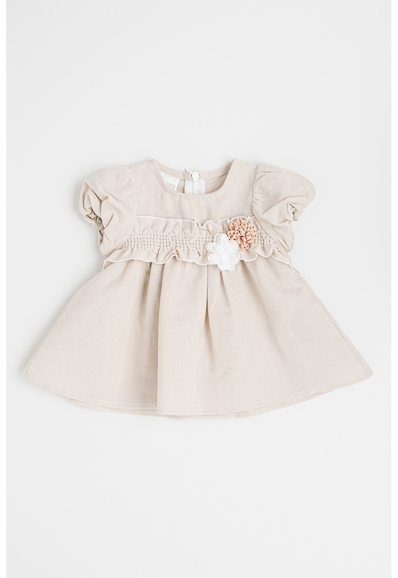 Rochie evazata din amestec de in cu maneci bufante si aplicatii florale