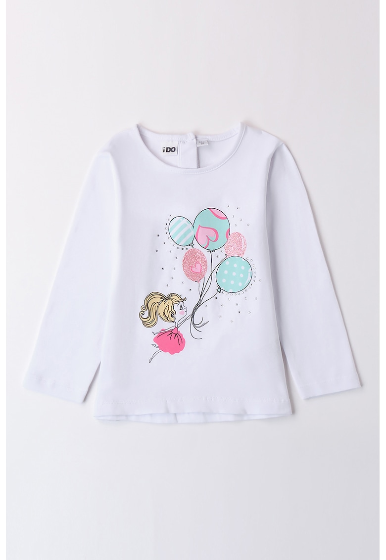Bluza cu decolteu rotund si imprimeu grafic - Turcoaz/Roz pastel/Alb optic