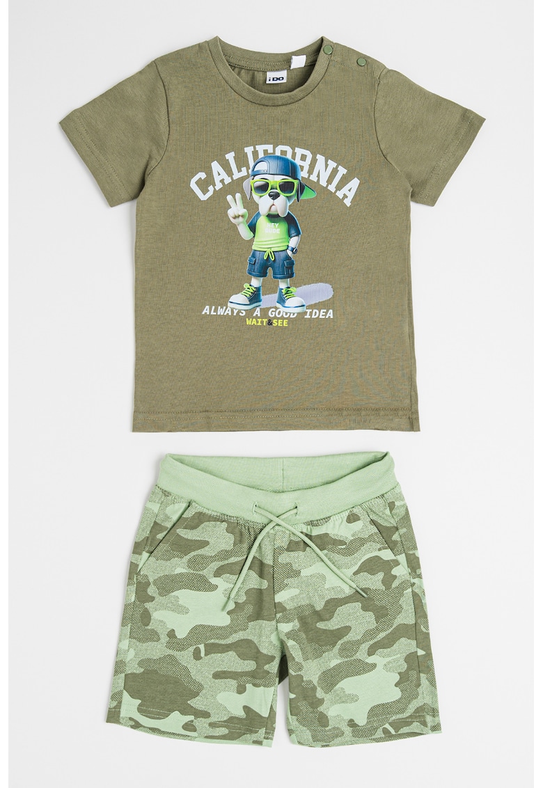 Set de tricou si pantaloni scurti cu model camuflaj si imprimeu grafic - 2 piese