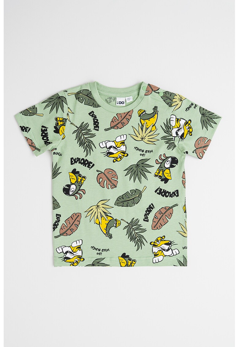 Tricou din bumbac cu imprimeu grafic - Negru/Verde pal/Maro inchis