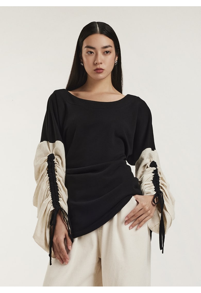 Bluza din bumbac cu maneci ajustabile cu snur si decolteu rotund Salem Bluza din bumbac cu maneci ajustabile cu snur si decolteu rotund Salem