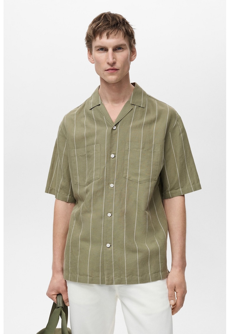 Camasa din amestec de in cu model in dungi - Verde feriga