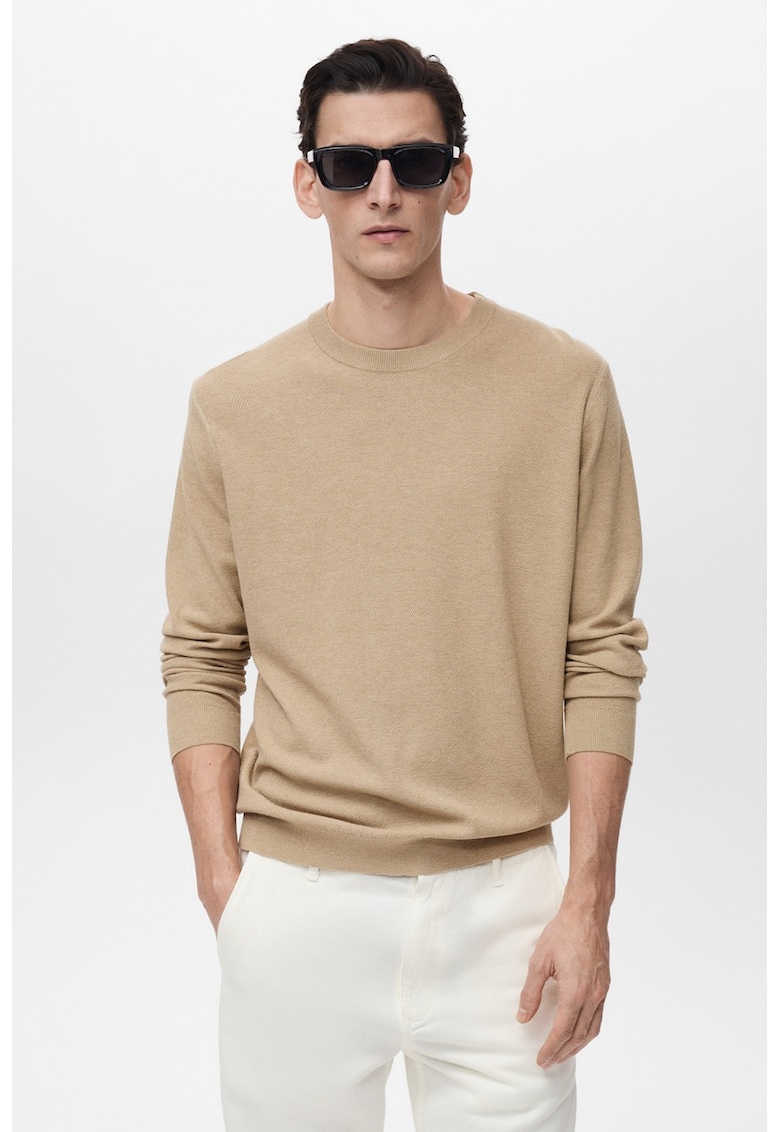 Pulover tricotat fin cu decolteu la baza gatului - Maro nisip