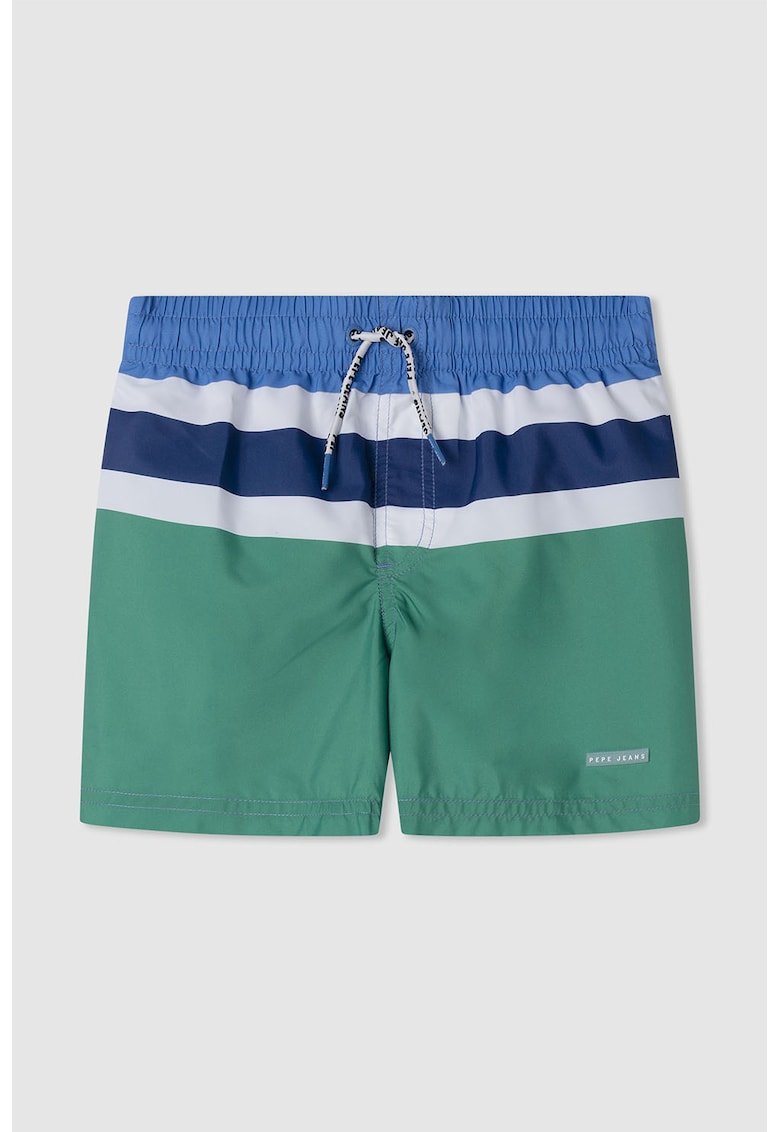 Pantaloni scurti de baie cu model colorblock si snur