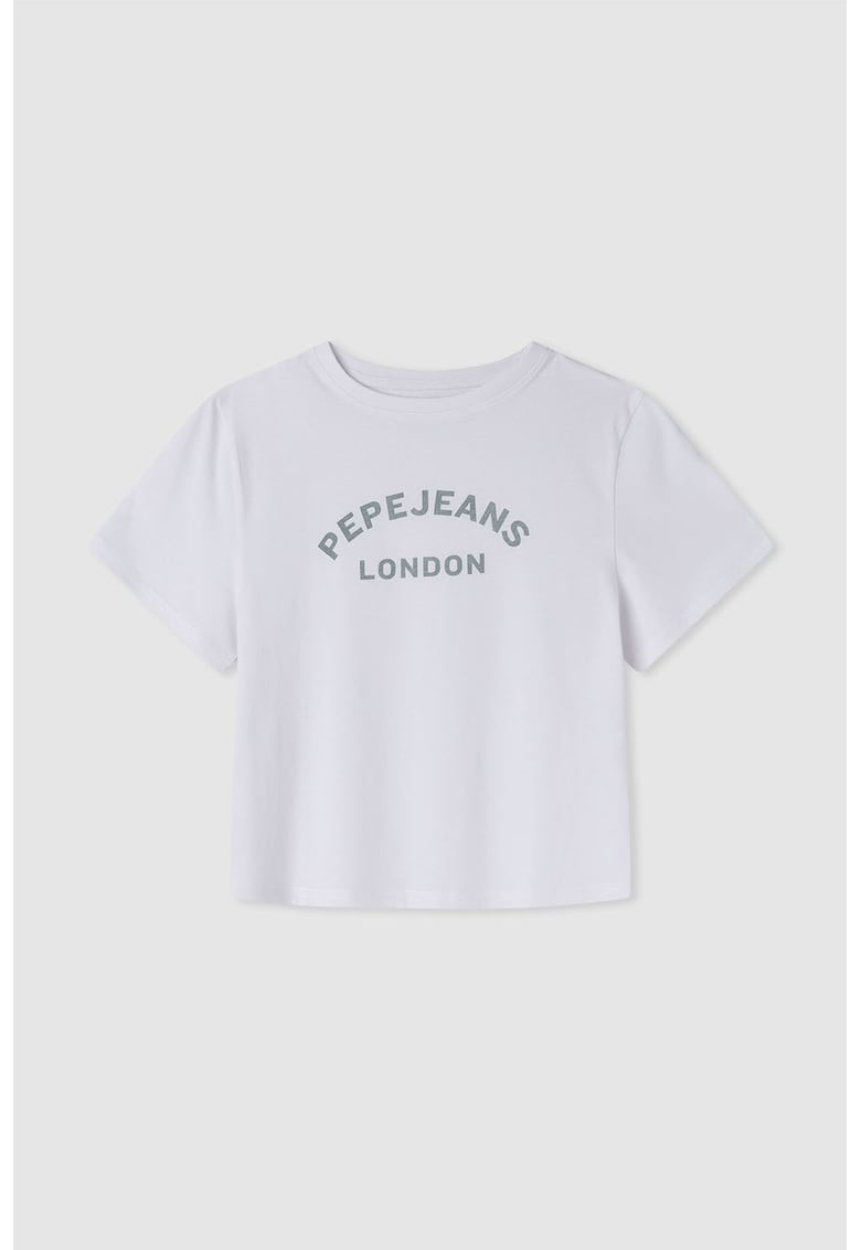Tricou de bumbac cu logo - Albastru prafuit/Alb optic