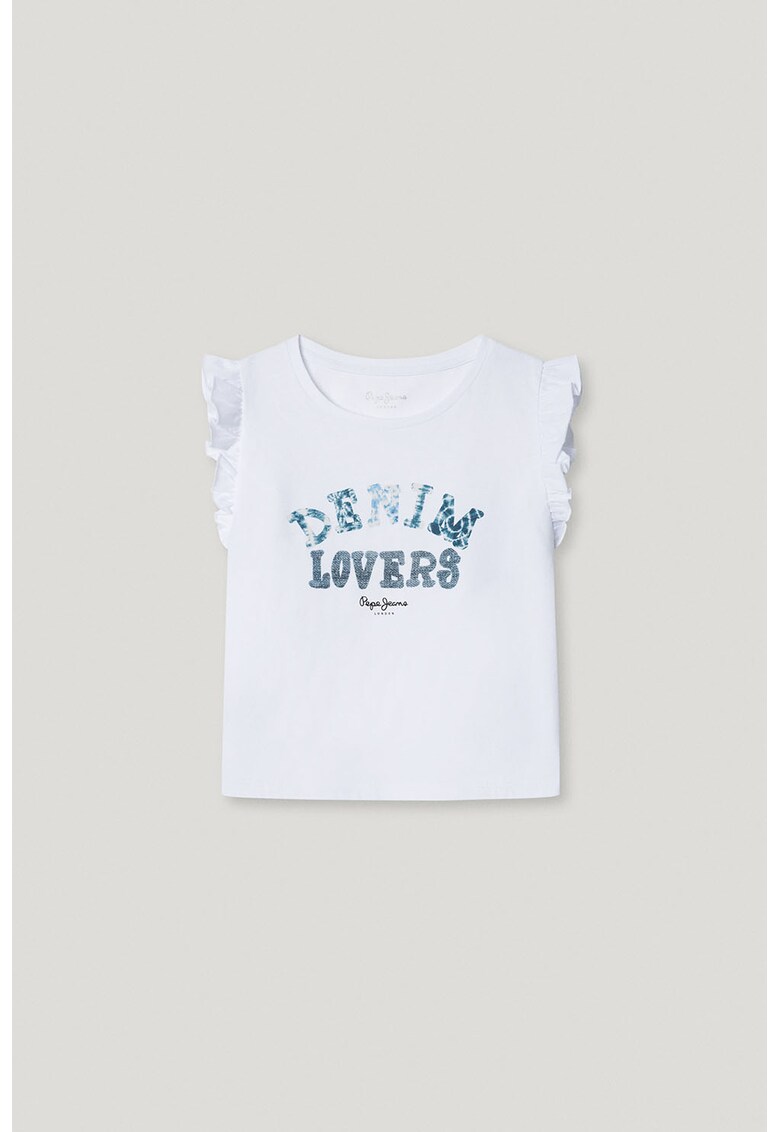 Tricou cu decolteu la baza gatului si text - Albastru prafuit/Alb optic