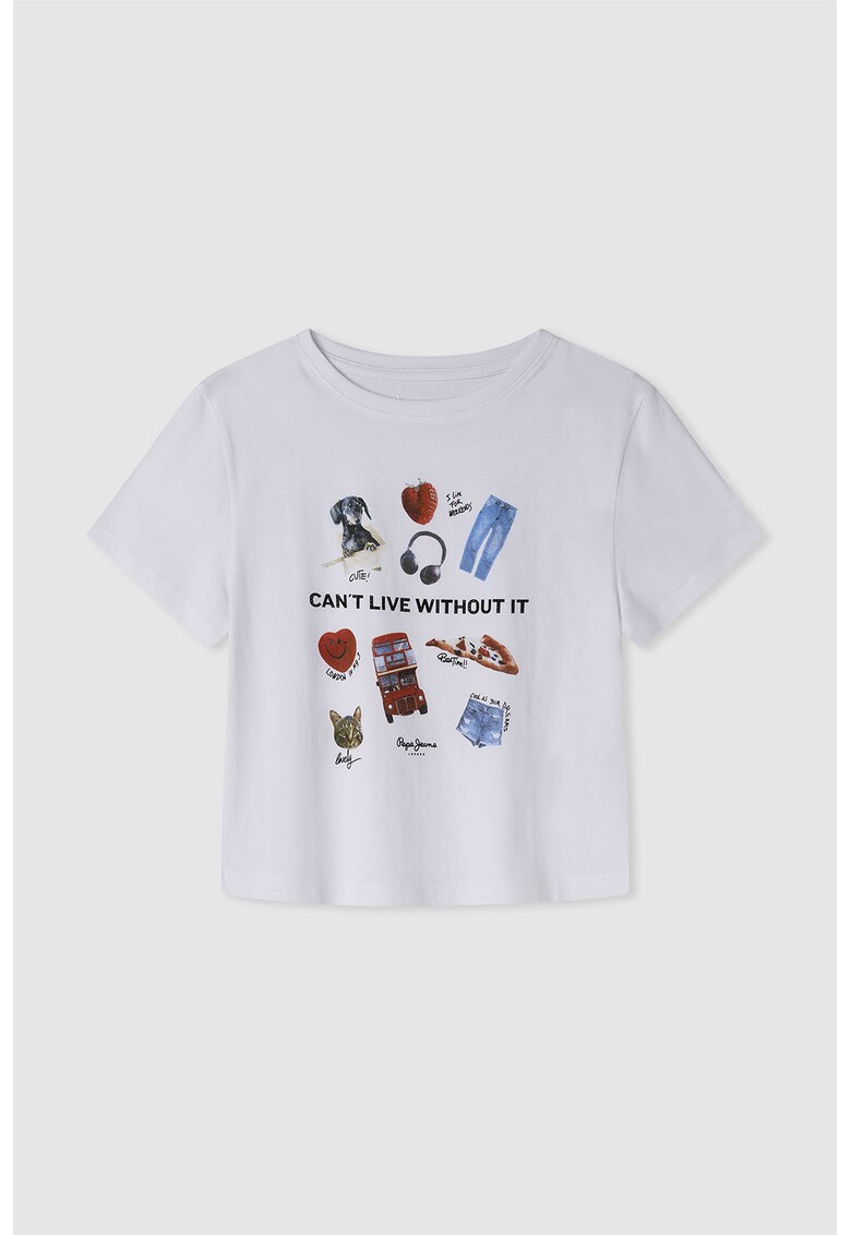 Tricou cu decolteu la baza gatului si imprimeu - Rosu/Albastru pastel/Alb optic