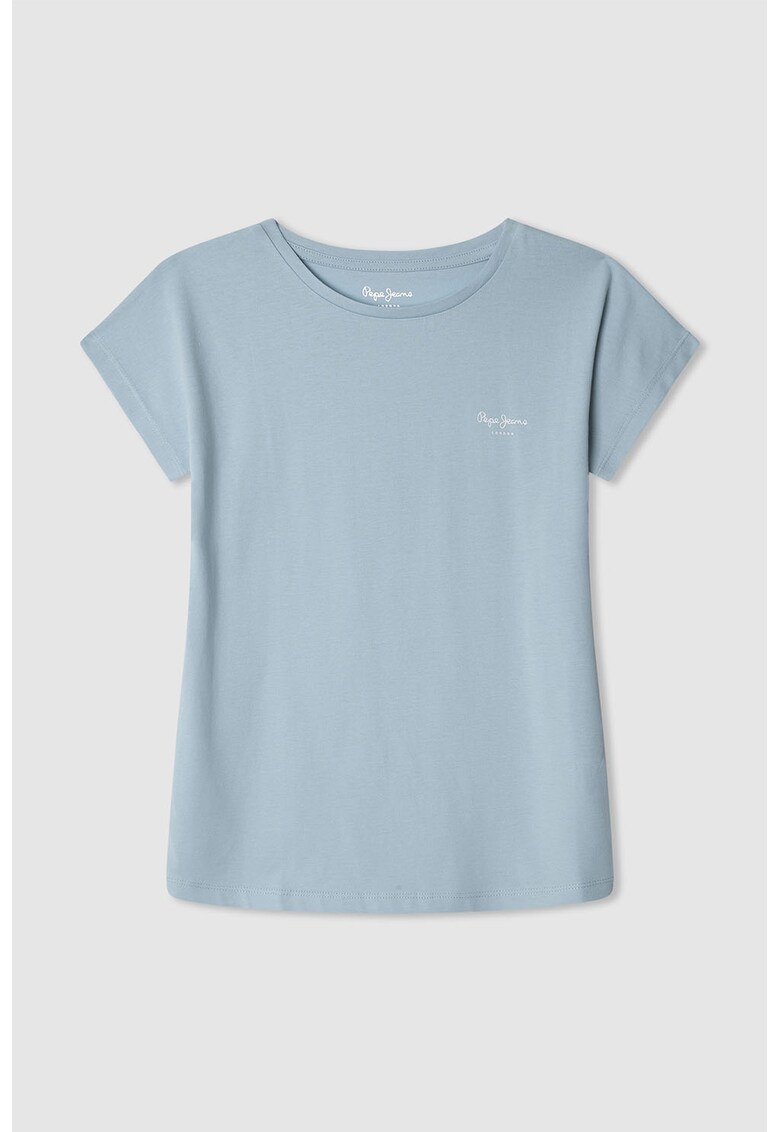 Tricou cu decolteu la baza gatului si logo discret Bloomy N - Albastru prafuit