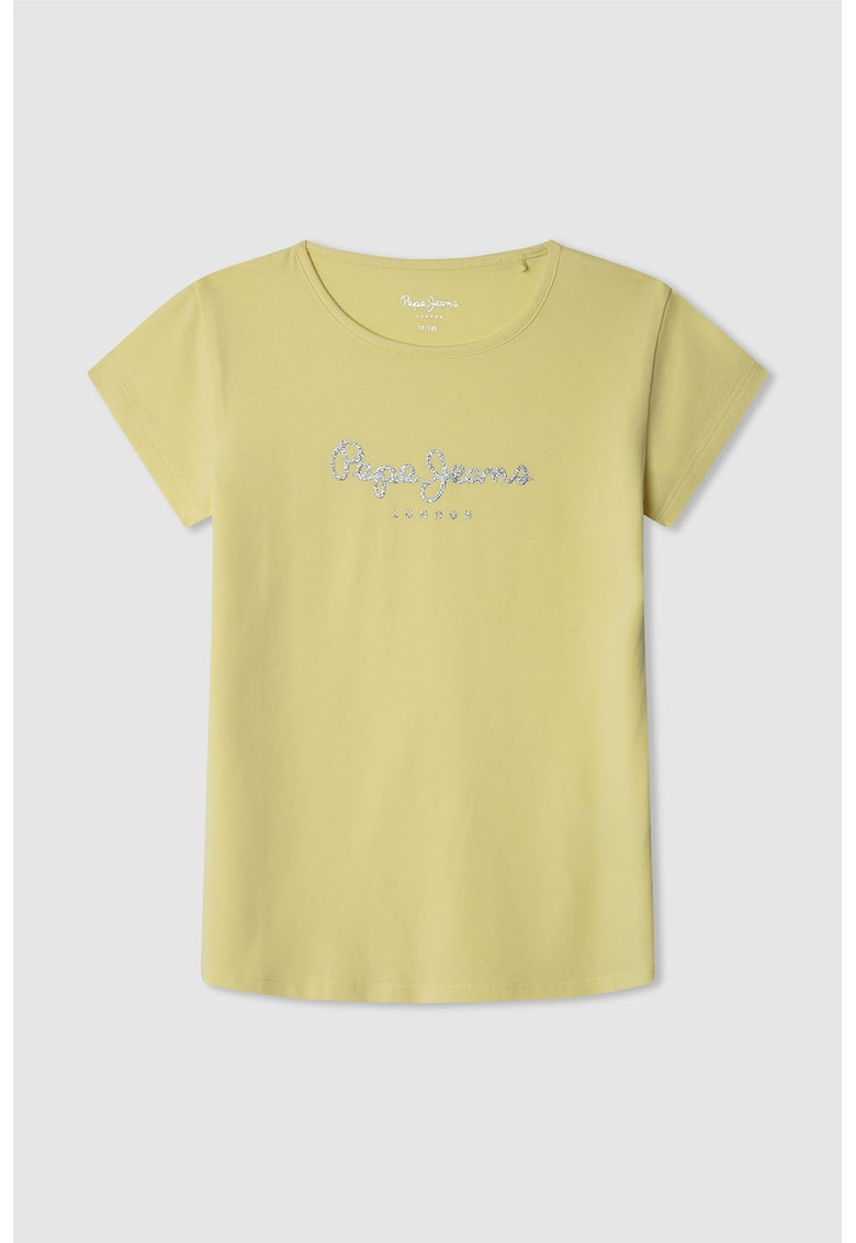 Tricou cu decolteu la baza gatului si logo stralucitor