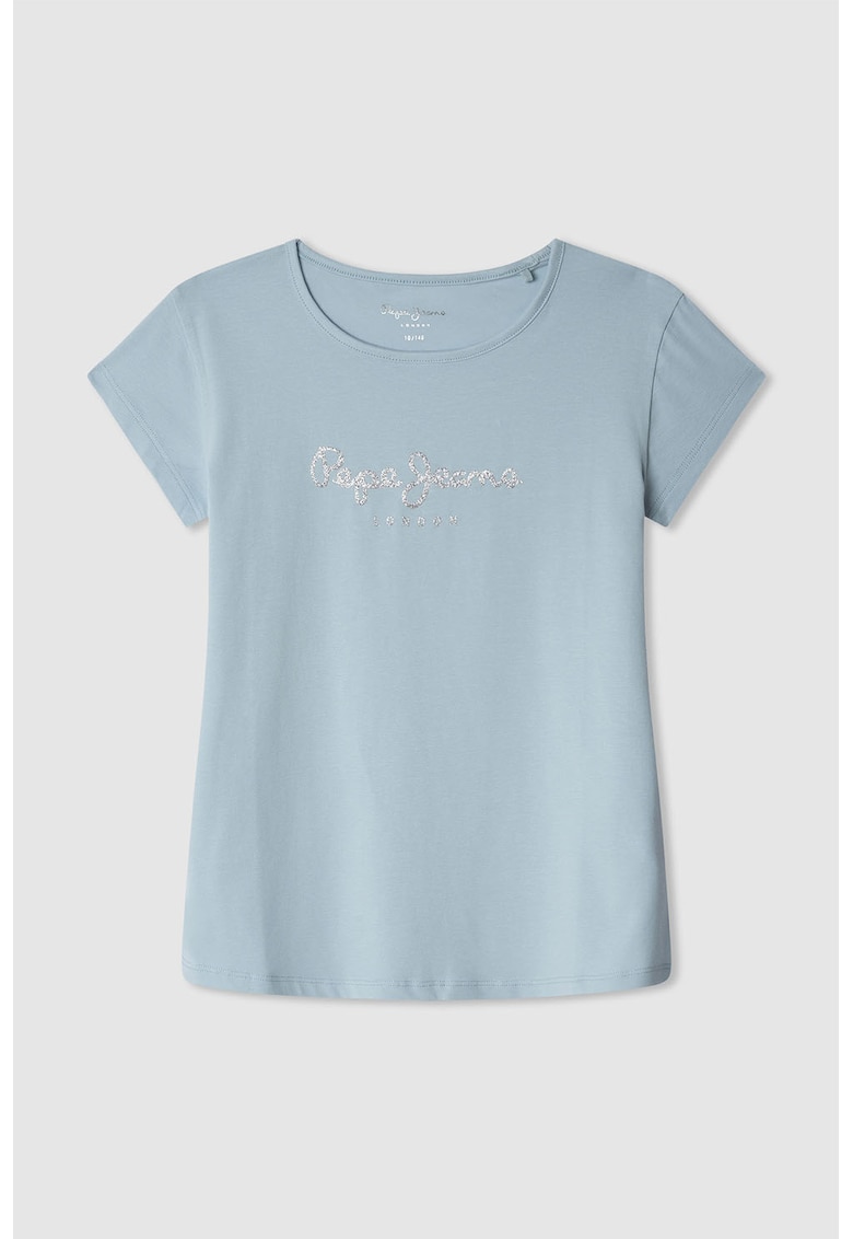 Tricou cu decolteu la baza gatului si logo stralucitor