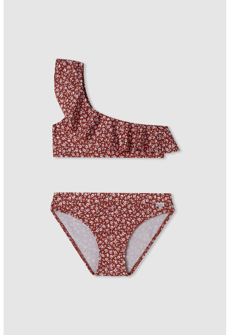 Costum de baie cu model floral si volane