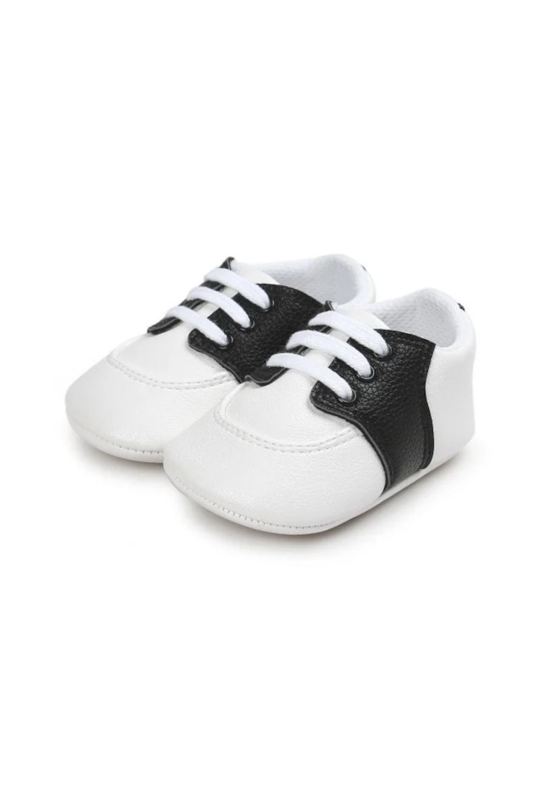 Pantofi Elegant - Piele ecologica - Baieti - Siret - Alb - Negru - 9-12 luni -
