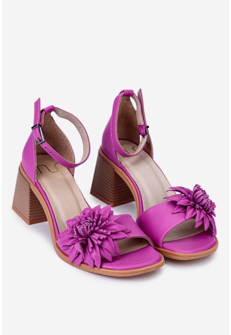 Sandale dama roz din piele cu ornament floare