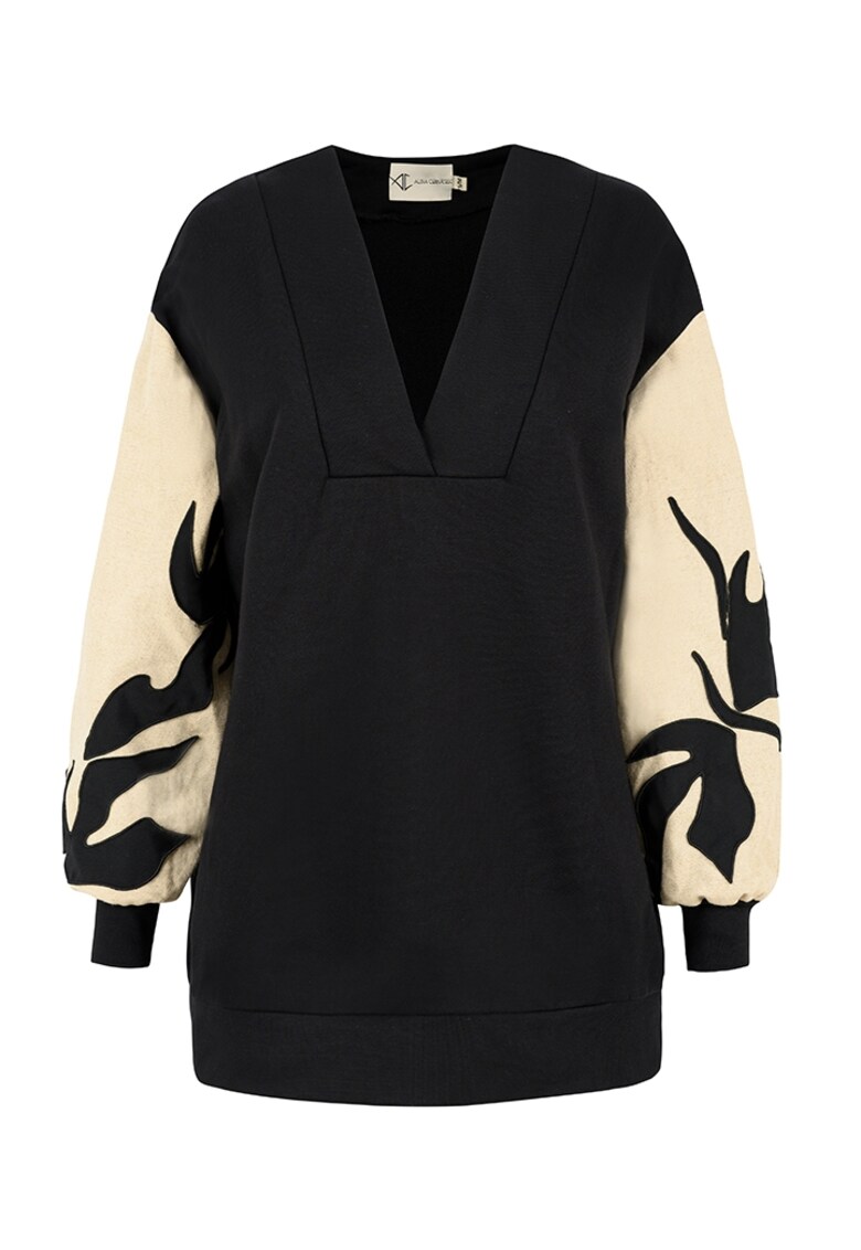 Bluza din bumbac cu decolteu in V si maneci din in cu broderii Dawn - Negru