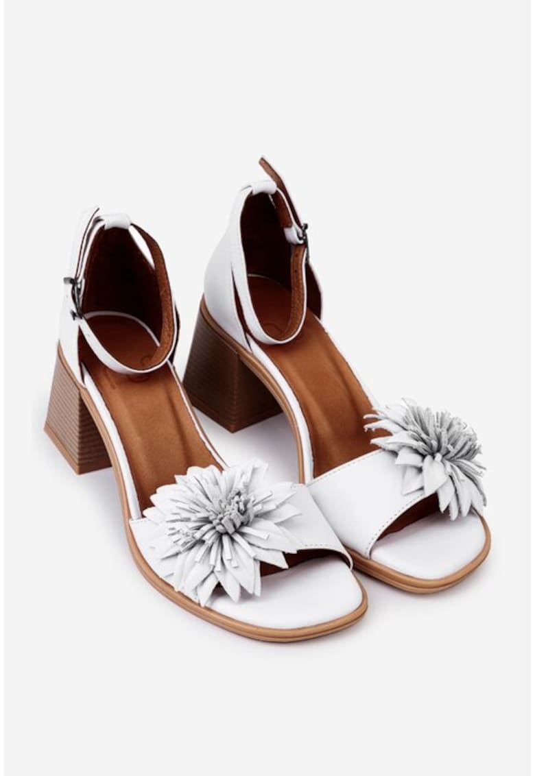 Sandale dama albe din piele cu ornament floare