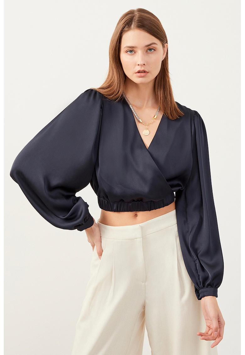 Bluza crop cu maneci bufante - Bleumarin