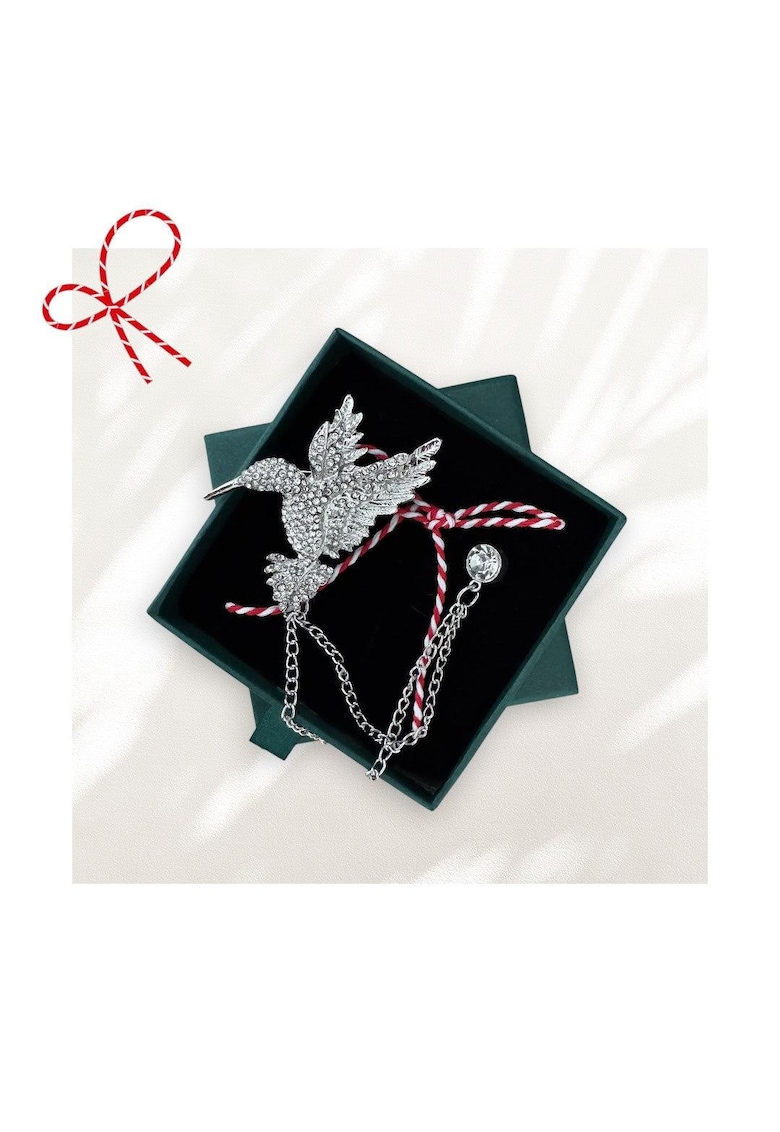 Brosa argintie - forma de pasare colibri - cu snur de martisor si cutiuta cadou - Alika