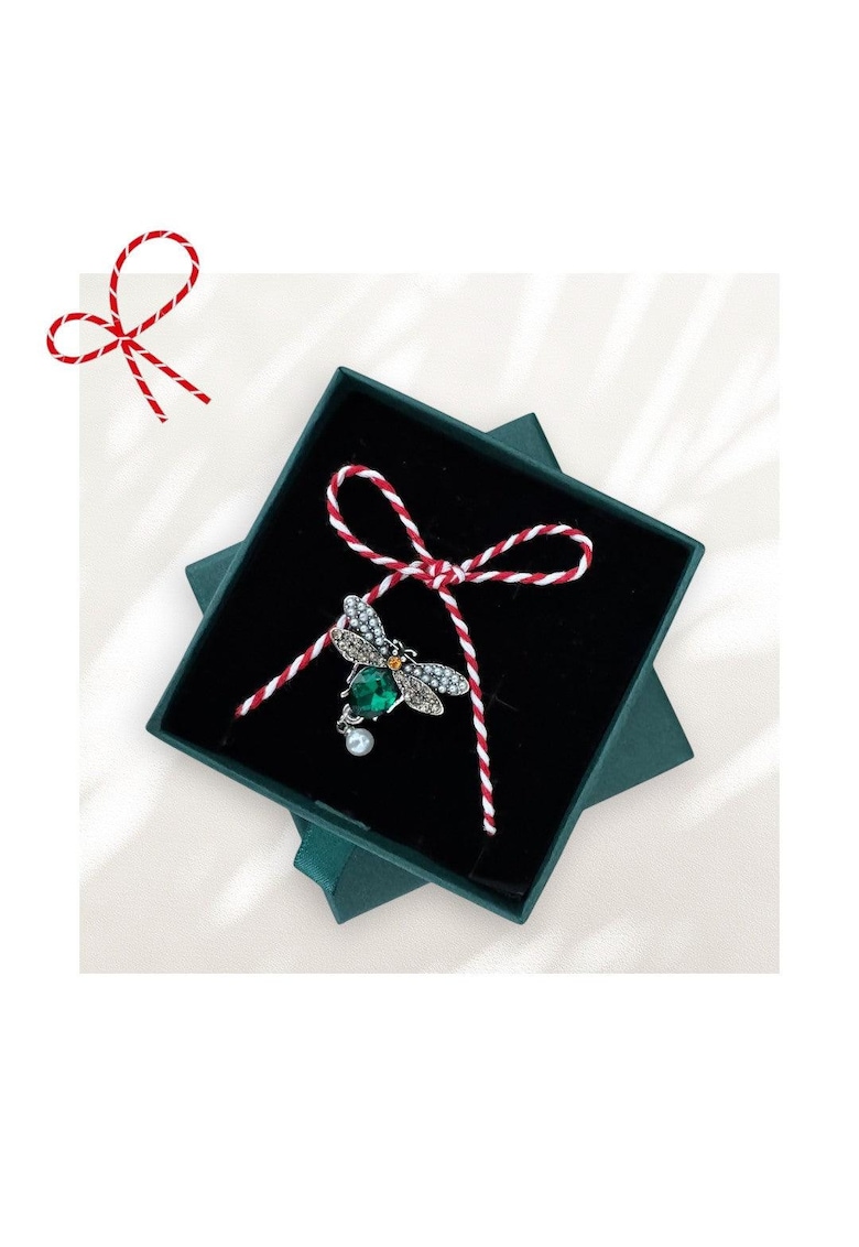 Brosa argintie - forma de bondar - cu snur de martisor si cutiuta cadou - Alleta