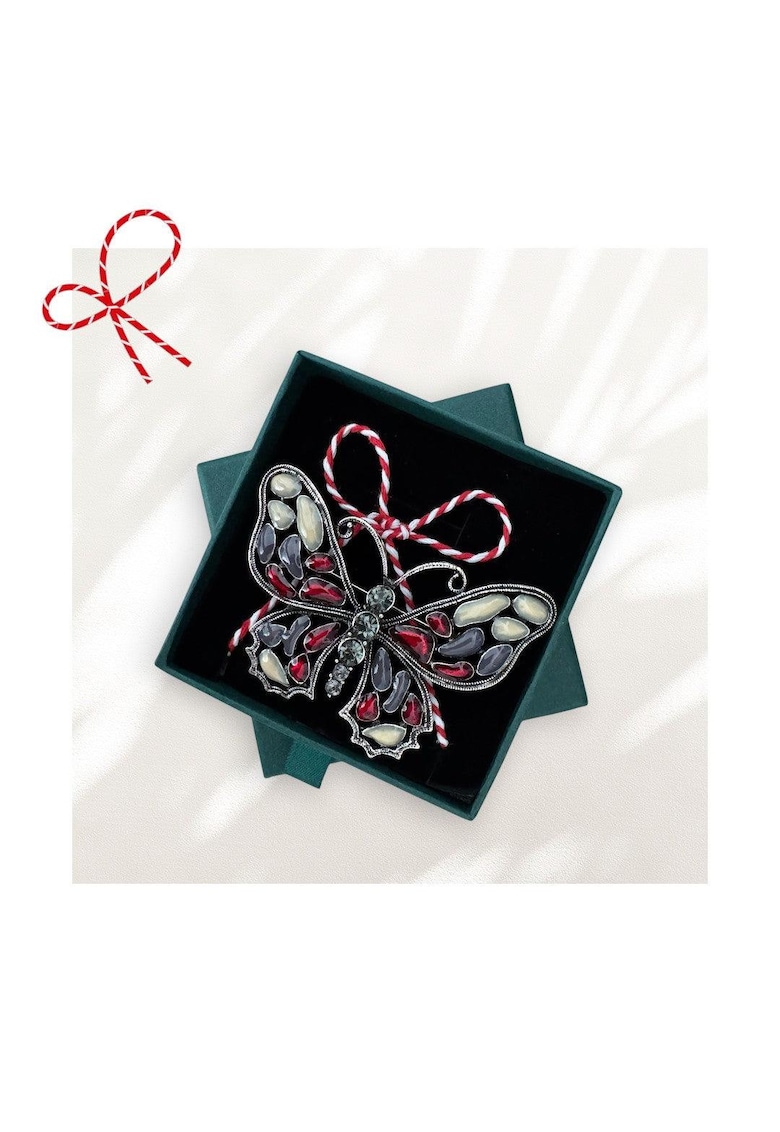 Brosa argintie - forma de fluture colorat - cu snur de martisor si cutiuta cadou - Alona